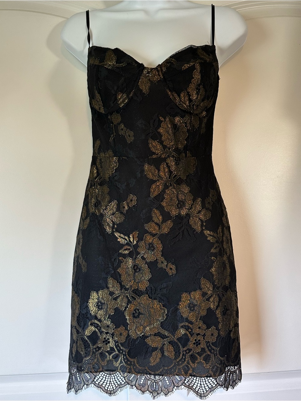 For Love & Lemons Black and Gold Lace Slip Mini Dress